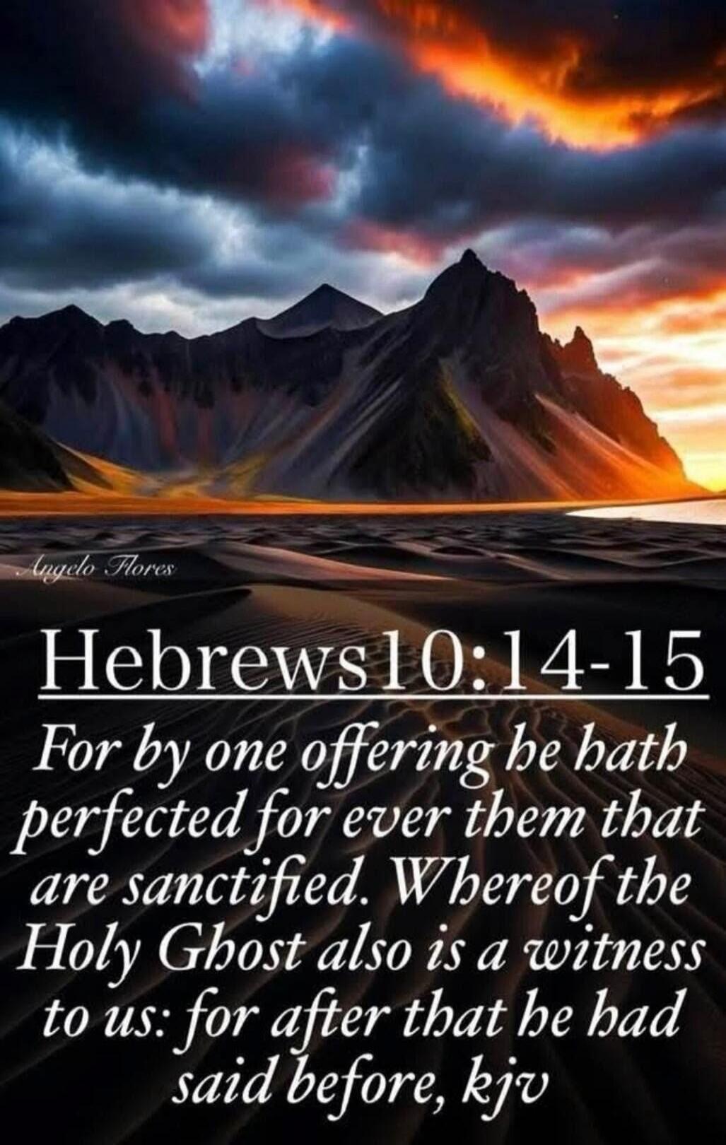 Angelo Flores Hebrews 10:14-15 For by one offering he hath perfected for ever them that are sanctified. Whereof the Holy Ghost also is a witness to us: for after that he had said before, kjv