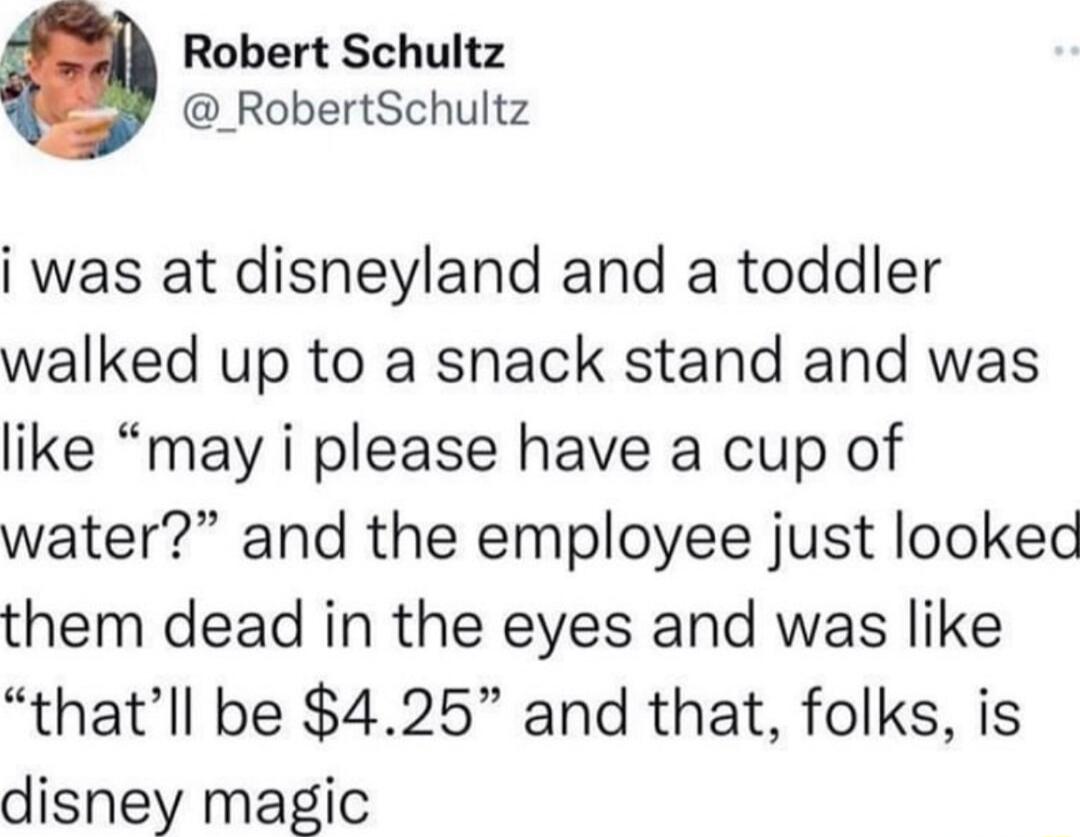 Robert Schultz _RobertSchultz i was at disneyland and a toddler walked up to a snack stand and was like may i please have a cup of water and the employee just looked them dead in the eyes and was like thatll be 425 and that folks is disney magic