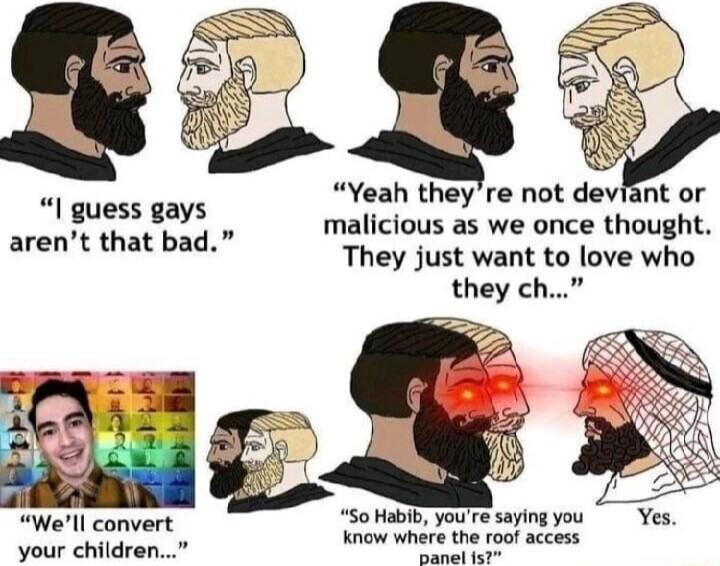 Yeah theyre not deviant or malicious as we once thought They just want to love who they ch I guess gays arent that bad We S0 Habib youre saying you Yes Werll convert Know where the roof access your children i