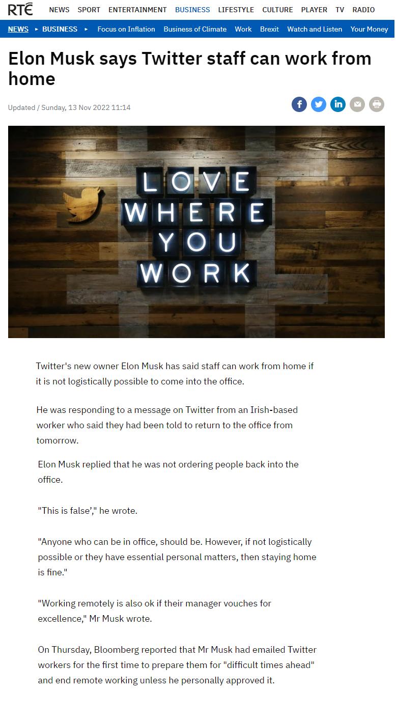 Elon Musk says Twitter staff can work from home taffcan work from home it 1o come nto the offce worker wha said they had been tod to return o the office from Elon Musk rplisd that he was ot ordering peopls back into the office Thi bein offcs should be How posible orth sl personal mattersthen staying home isfina Working remotely i also ok f thie manger vouchas for e e Musk wrote On Thursday Bloombe