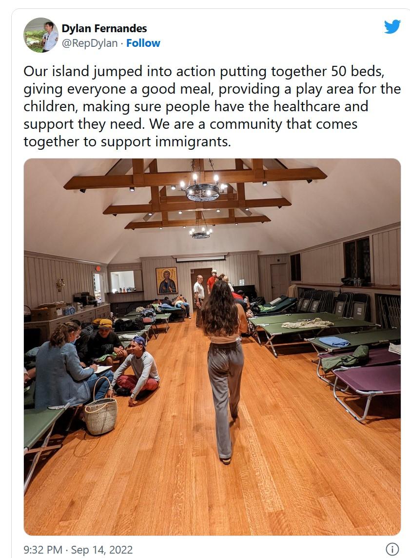 Our island jumped into action putting together 50 beds giving everyone a good meal providing a play area for the children making sure people have the healthcare and support they need We are a community that comes together to support immigrants 2 PM Sep 14 2022