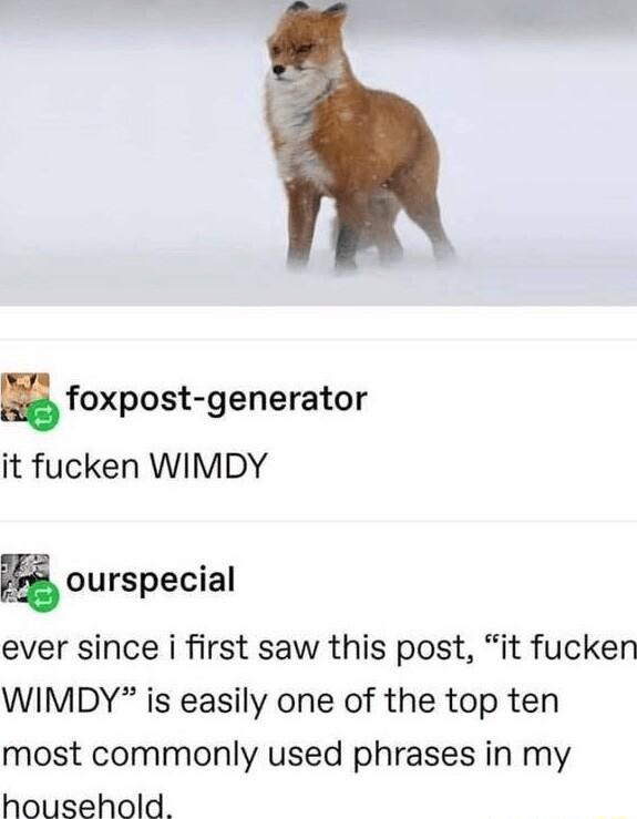 foxpost generator it fucken WIMDY Eourspecial ever since i first saw this post it fucken WIMDY is easily one of the top ten most commonly used phrases in my household
