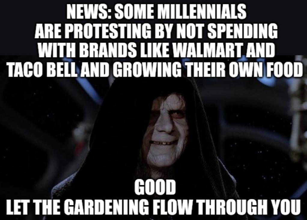 NEWS SOME MILLENNIALS ARE PROTESTING BY NOT SPENDING WITH BRANDS LIKE WALMARTAND _ TACO BELL IIII GROWING THEIR IIWIIEDIID G00D LET THE GARDENING FLOW THROUGH YOU