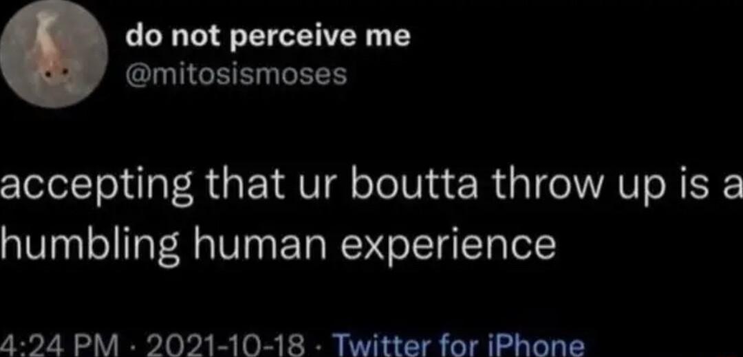 do not perceive me GIGEENEEER accepting that ur boutta throw up is a humbling human experience 4 24 PM 2021 10 18 Twitter for iPhone