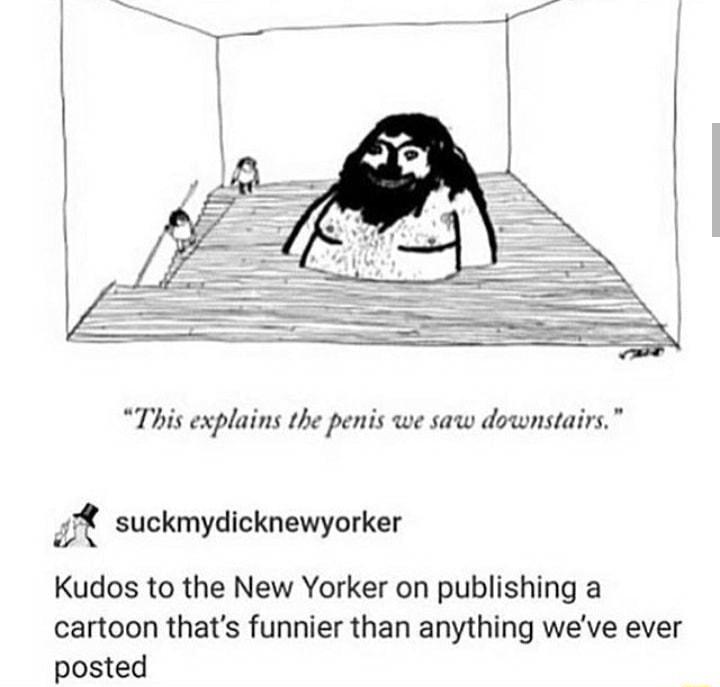 This explains the penis we saw downstairs 1 suckmydicknewyorker Kudos to the New Yorker on publishing a cartoon thats funnier than anything weve ever posted