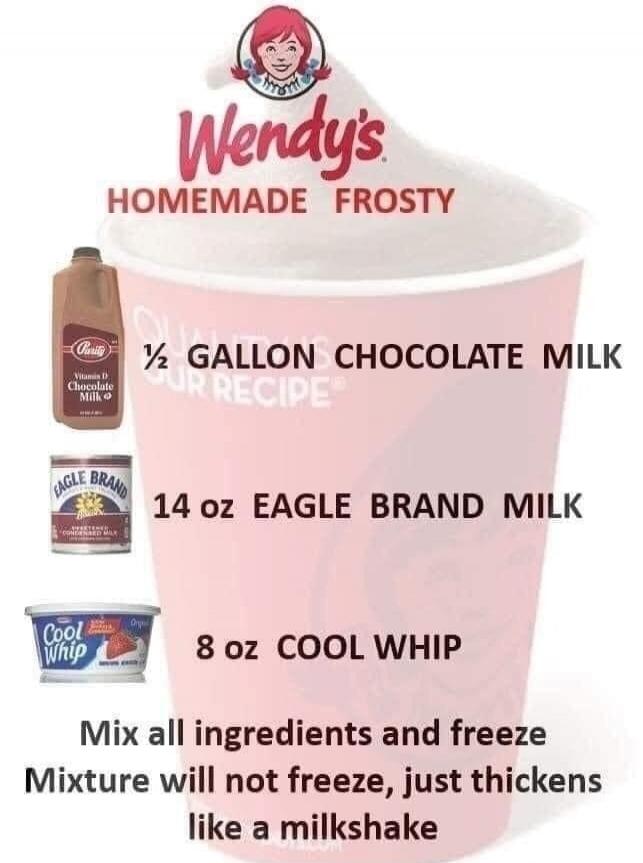 Wendy's HOMEMADE FROSTY
½ GALLON CHOCOLATE MILK
14 oz EAGLE BRAND MILK
8 oz COOL WHIP
Mix all ingredients and freeze
Mixture will not freeze, just thickens like a milkshake