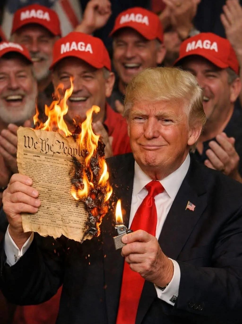 We the People on a burning document held by Donald Trump; he is surrounded by supporters wearing red MAGA hats.