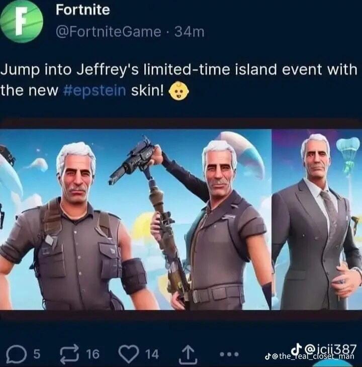Fortnite DFortniteGame 34m Jump into Jeffreys limited time island event with the new epstein skin