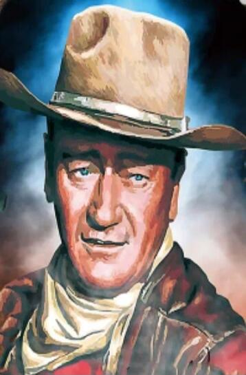 Cartoon-style painting of a cowboy wearing a hat and scarf.