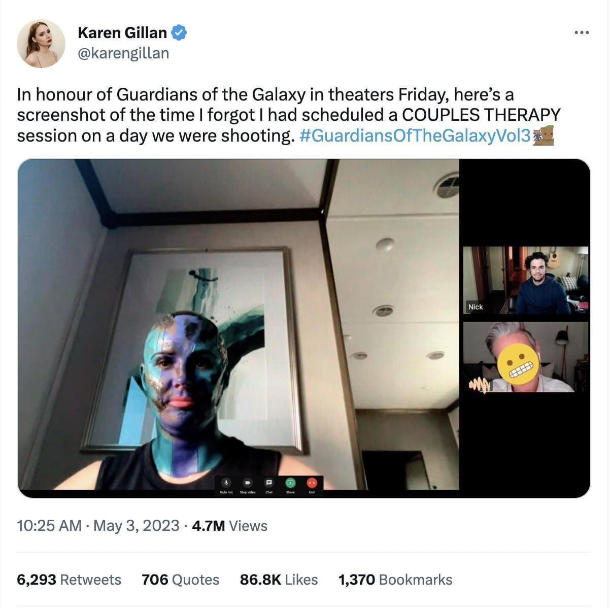 Karen Gillan karengillan In honour of Guardians of the Galaxy in theaters Friday heres a screenshot of the time forgot had scheduled a COUPLES THERAPY session on a day we were shooting GuardiansOf TheG 1025 AM May 32023 47M Views 6203 Rt 706 Quotes 868K Likes 1370 Bookmark
