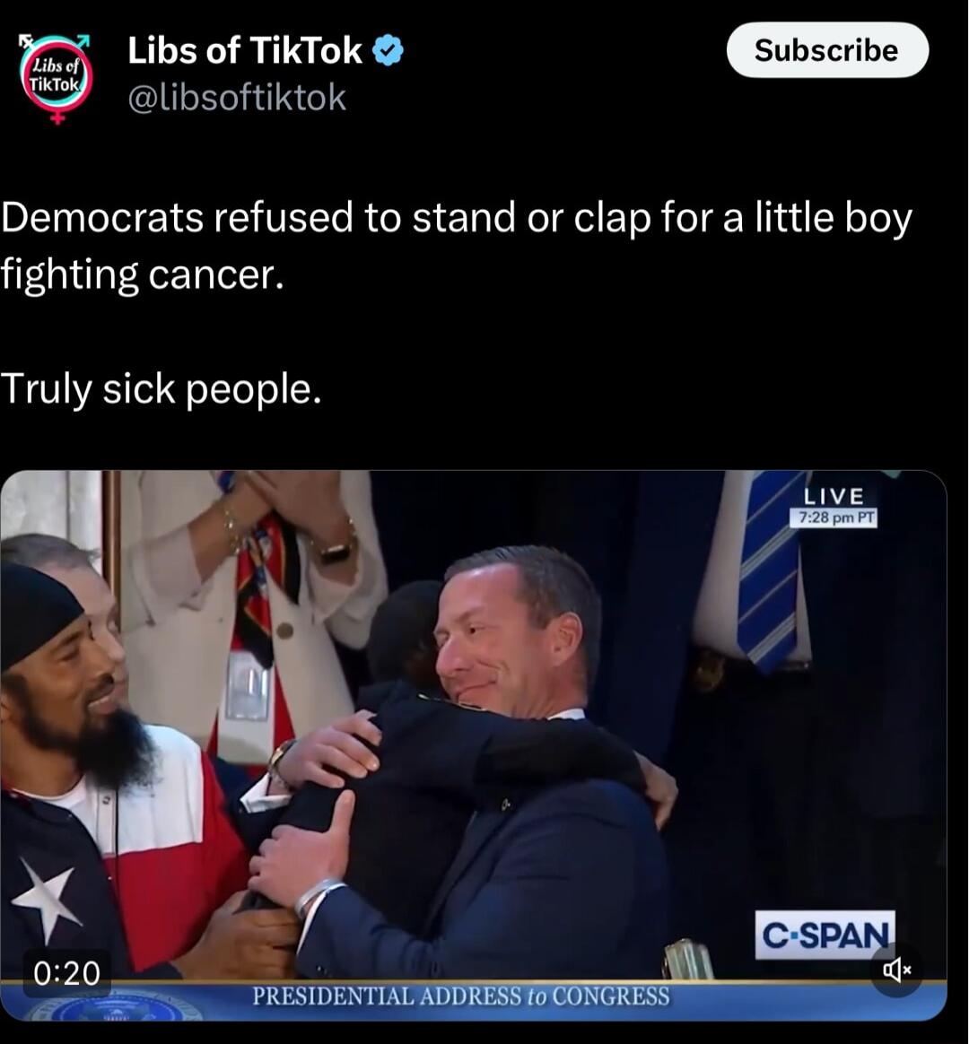libsoftiktok Libs of TikTok Democrats refused to stand or clap for a little boy fighting cancer Truly sick people