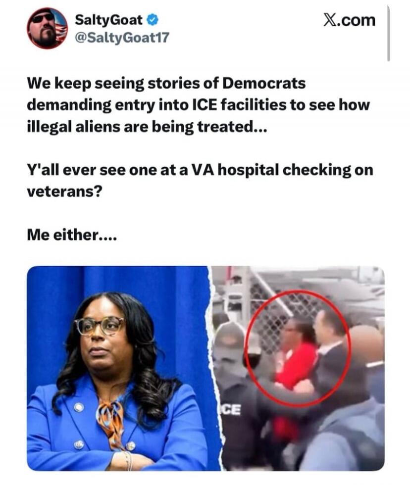 SaltyGoat @SaltyGoat17 X.com We keep seeing stories of Democrats demanding entry into ICE facilities to see how illegal aliens are being treated... Y'all ever see one at a VA hospital checking on veterans? Me either....