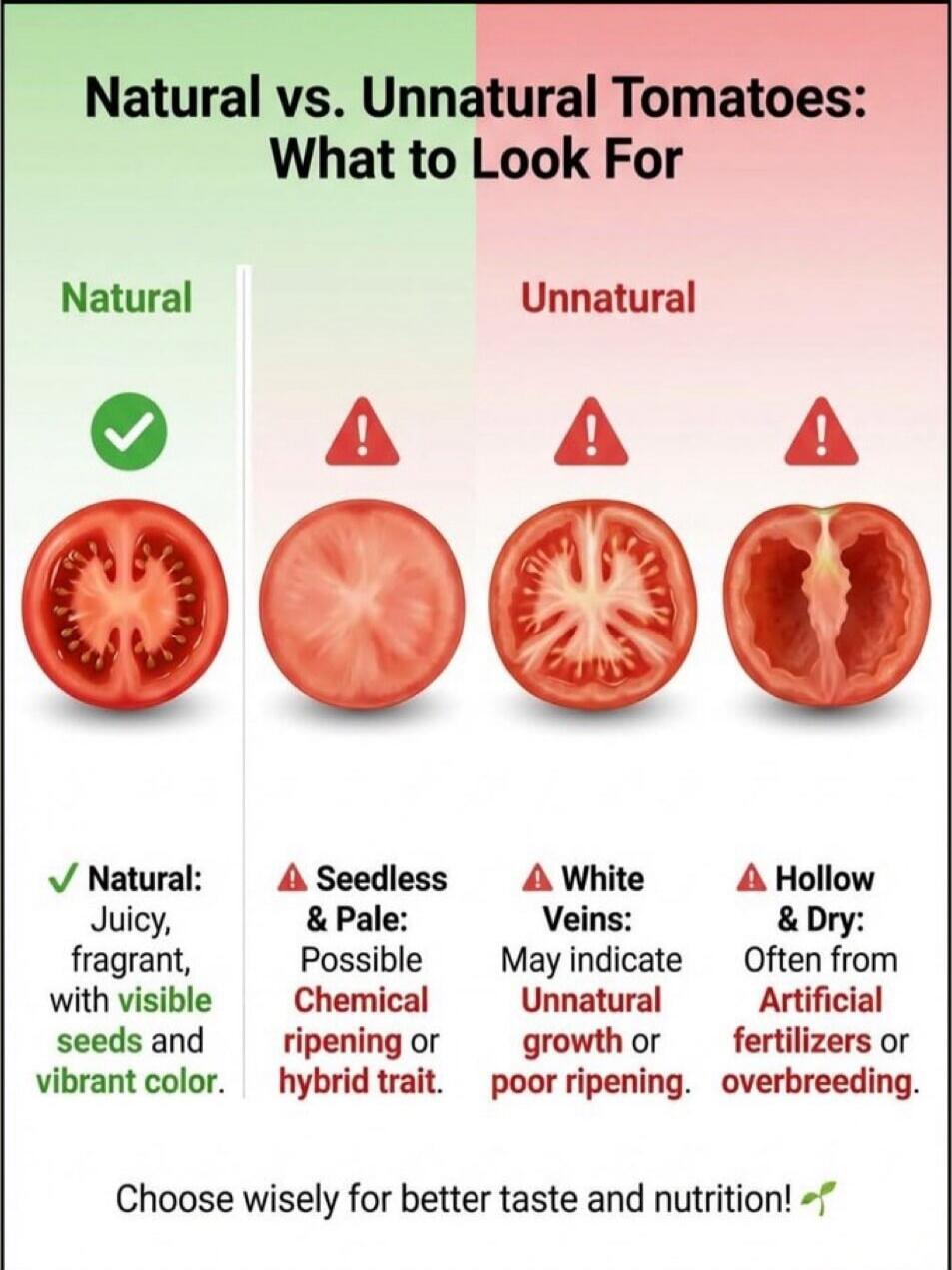 Natural vs. Unnatural Tomatoes: What to Look For

Natural: Juicy, fragrant, with visible seeds and vibrant color.

Unnatural:
- Seedless & Pale: Possible Chemical ripening or hybrid trait.
- White Veins: May indicate Unnatural growth or poor ripening.
- Hollow and Dry: Often from Artificial fertilizers or overbreeding.

Choose wisely for better tas