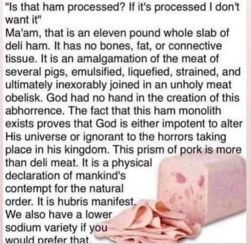 Is that ham processed If its processed dont want it Maam that is an eleven pound whole slab of deli ham It has no bones fat or connective tissue It is an amalgamation of the meat of several pigs emulsified liquefied strained and ultimately inexorably joined in an unholy meat obelisk God had no hand in the creation of this abhorrence The fact that this ham monolith exists proves that God is either 