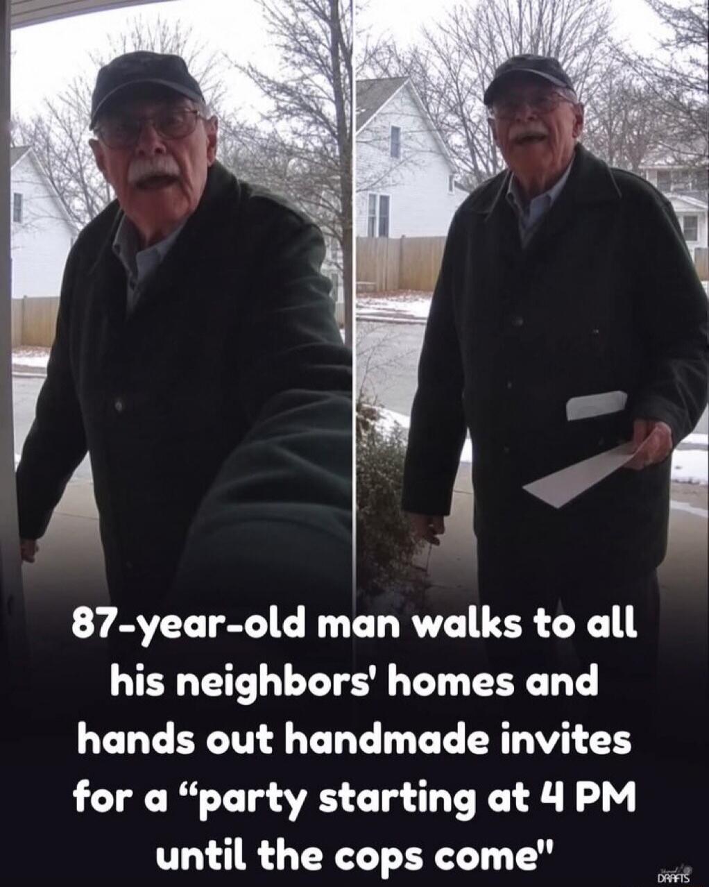87-year-old man walks to all his neighbors' homes and hands out handmade invites for a 