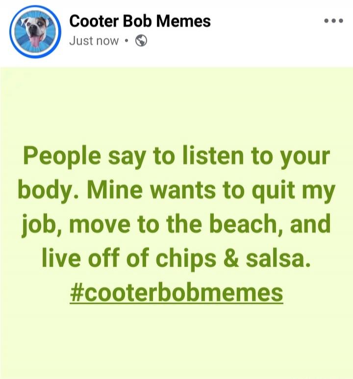 People say to listen to your body. Mine wants to quit my job, move to the beach, and live off of chips & salsa. #cooterbobmemes