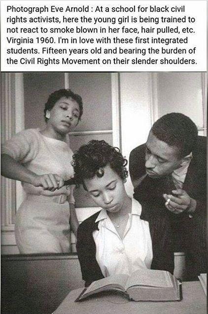 Photograph Eve Amold At a school for black civil rights activists here the young girl is being trained to not react to smoke blown in her face hair pulled etc Virginia 1960 Im in love with these first integrated students Fifteen years old and bearing the burden of the Civil Rights Movement on their slender shoulders