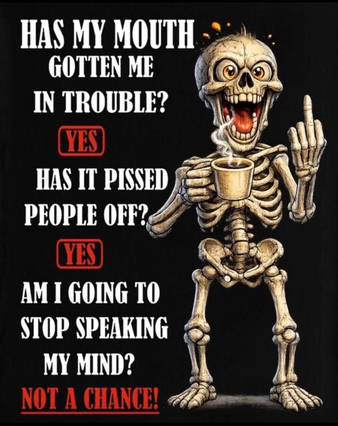 HAS MY MOUTH GOTTEN ME IN TROUBLE? YES HAS IT PISSED PEOPLE OFF? YES AM I GOING TO STOP SPEAKING MY MIND? NOT A CHANCE!