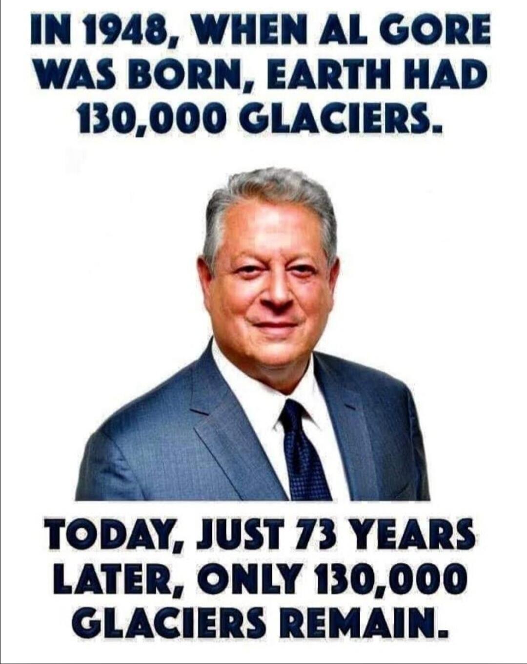In 1948, when Al Gore was born, Earth had 130,000 glaciers. Today, just 73 years later, only 130,000 glaciers remain.