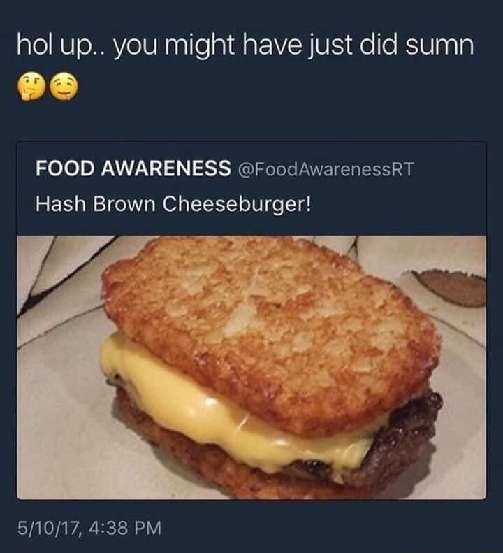 hol up you might have just did sumn I Y FOOD AWARENESS FoodAwarenessRT Hash Brown Cheeseburger 51017 438 PM