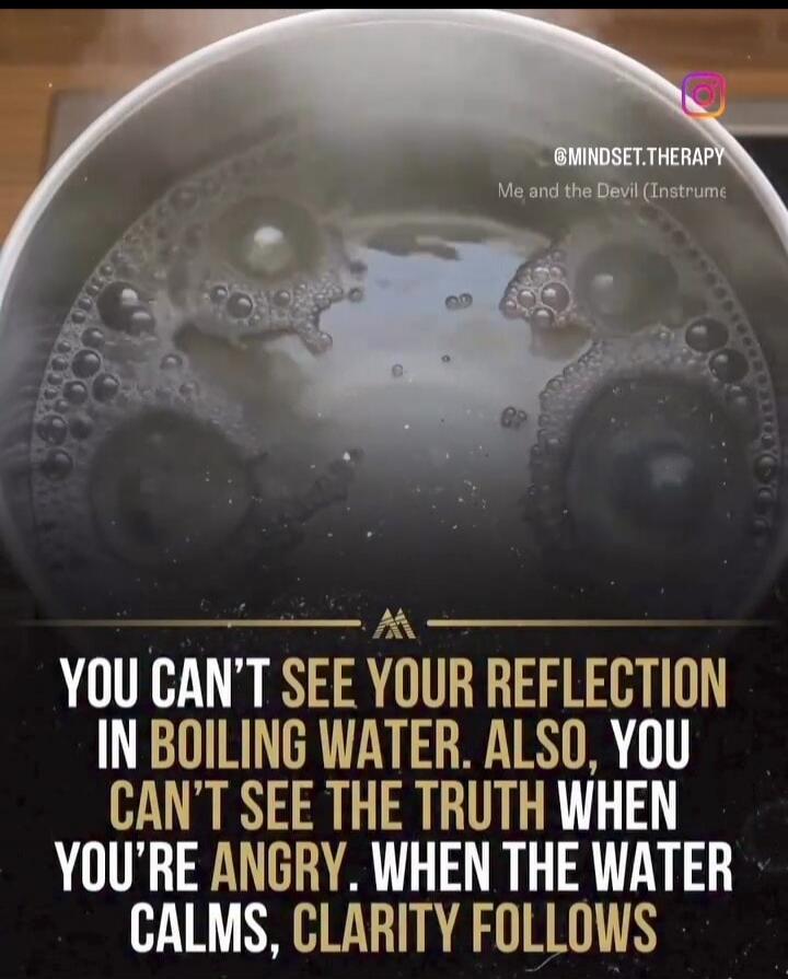 YOU CAN'T SEE YOUR REFLECTION IN BOILING WATER. ALSO, YOU CAN'T SEE THE TRUTH WHEN YOU'RE ANGRY. WHEN THE WATER CALMS, CLARITY FOLLOWS. @MINDSET.THERAPY Me and the Devil (Instrume