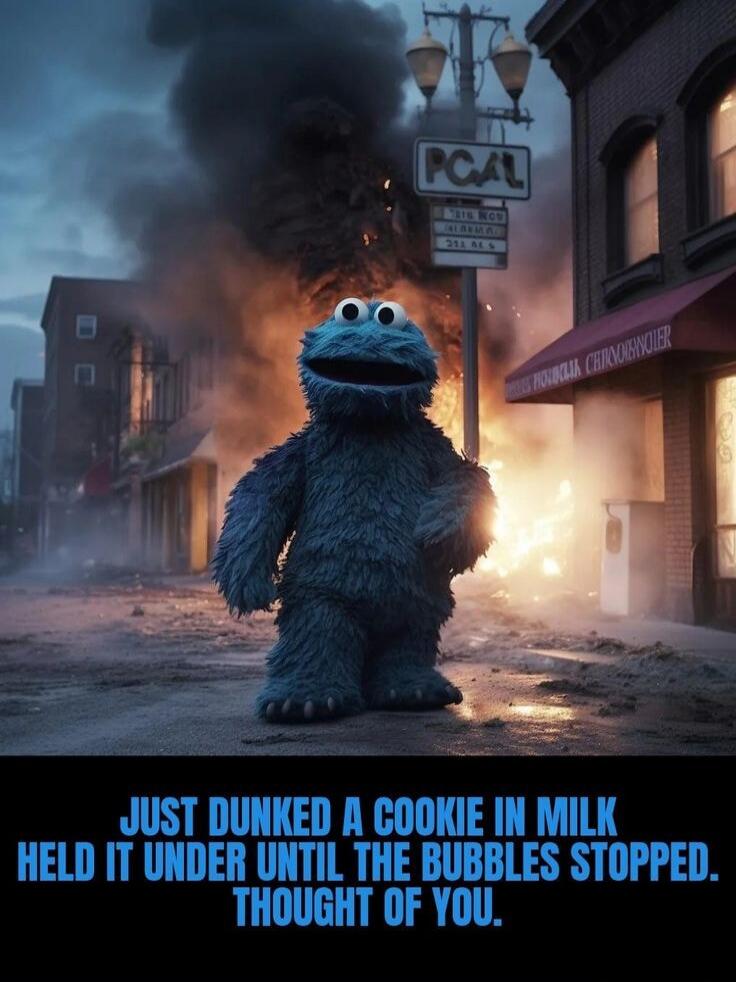 JUST DUNKED A COOKIE IN MILK HELD IT UNDER UNTIL THE BUBBLES STOPPED. THOUGHT OF YOU.