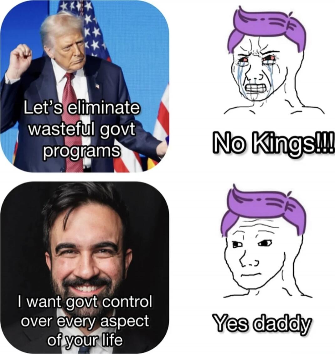 Let's eliminate wasteful govt programs
No Kings!!!
I want govt control over every aspect of your life
Yes daddy