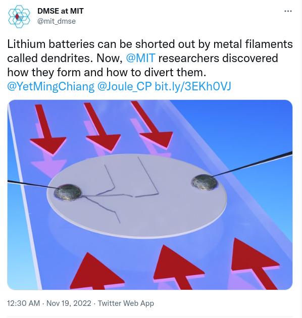 DMSE at MIT Lithium batteries can be shorted out by metal filaments called dendrites Now researchers discovered how they form and how to divert them VAN 1230 AM Nov 1