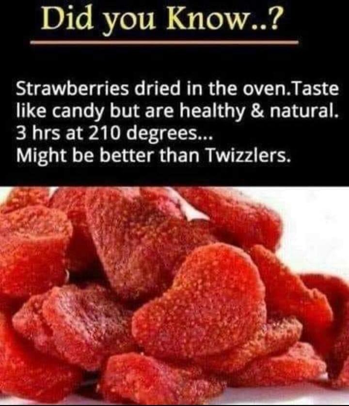 Did you Know Strawberries dried in the ovenTaste like candy but are healthy natural 3 hrs at 210 degrees Might be better than Twizzlers wA 1