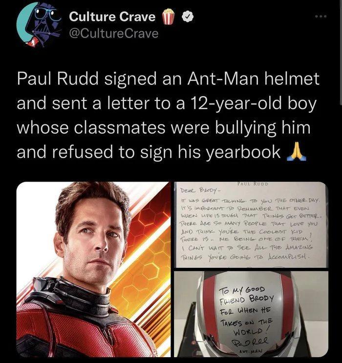 Culture Crave f CultureCrave Paul Rudd signed an Ant Man helmet and sent a letter to a 12 year old boy whose classmates were bullying him and refused to sign his yearbook A