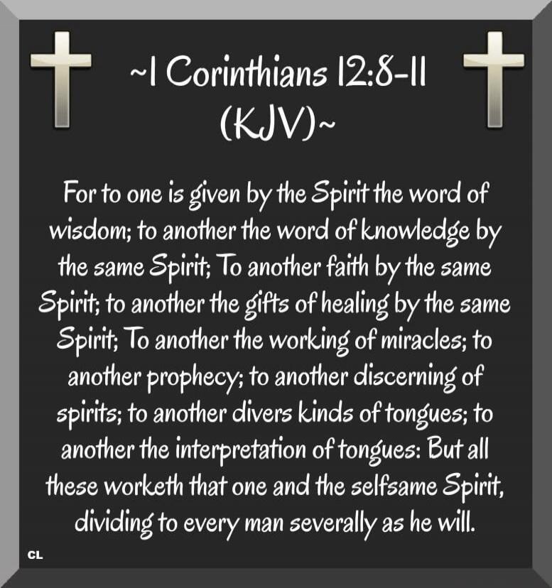 ~I Corinthians 12:8-11 (KJV)~
For to one is given by the Spirit the word of wisdom; to another the word of knowledge by the same Spirit; To another faith by the same Spirit; to another the gifts of healing by the same Spirit; to another the working of miracles; to another prophecy; to another discerning of spirits; to another divers kinds of tongue