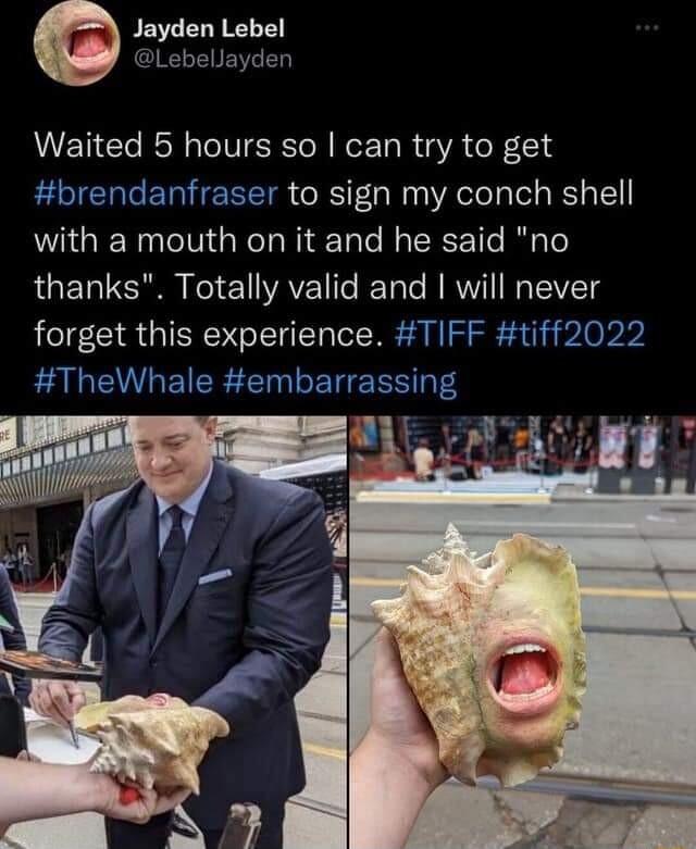 Jayden Lebel Lebellayden AN Gl RN Te IV ISR TN Het 1 R g VA o X 14 brendanfraser to sign my conch shell with a mouth on it and he said no RUET Kol e 1WVAYE1Te ReTale N RV TeVETS forget this experience TIFF tiff2022 LA ELEICE TG LET e RS