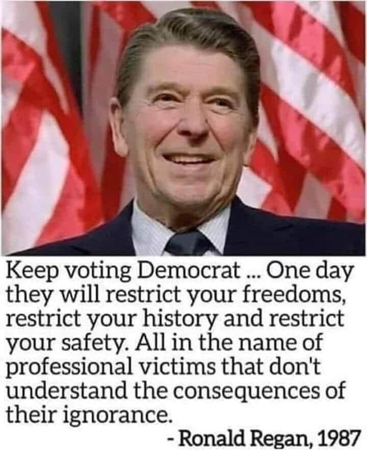 Keep voting Democrat ... One day they will restrict your freedoms, restrict your history and restrict your safety. All in the name of professional victims that don't understand the consequences of their ignorance. - Ronald Regan, 1987