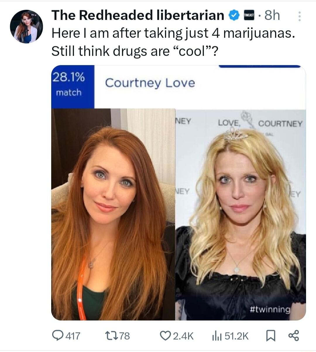 The Redheaded libertarian 8h Here am after taking just 4 marijuanas Still think drugs are cool Courtney Love NEY Loye Y couRmnEY Qa7 Q7 Q24K stk R