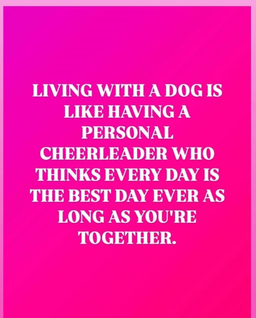 LIVING WITH A DOG IS LIKE HAVING A PERSONAL CHEERLEADER WHO THINKS EVERY DAY IS THE BEST DAY EVER AS LONG AS YOU'RE TOGETHER.