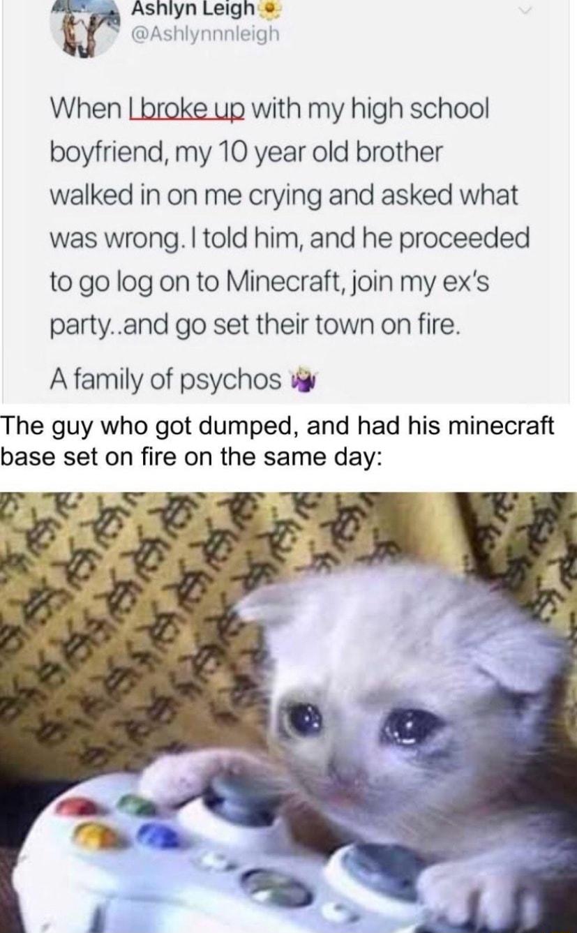 ff Ashlyn Leighs When Lbroke up with my high school boyfriend my 10 year old brother walked in on me crying and asked what was wrong told him and he proceeded to go log on to Minecraft join my exs partyand go set their town on fire A family of psychos The guy who got dumped and had his minecraft base set on fire on the same day