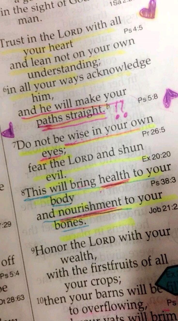 Trust in the LORD with all your heart and lean not on your own understanding; in all your ways acknowledge him, and he will make your paths straight. Do not be wise in your own eyes; fear the LORD and shun evil. This will bring health to your body and nourishment to your bones. Honor the LORD with your wealth, with the firstfruits of all your crops