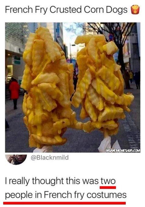 French Fry Crusted Corn Dogs Blacknmild really thought this was two people in French fry costumes