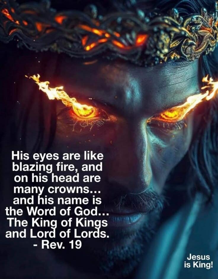 His eyes are like blazing fire, and on his head are many crowns... and his name is the Word of God... The King of Kings and Lord of Lords. - Rev. 19. Jesus is King!