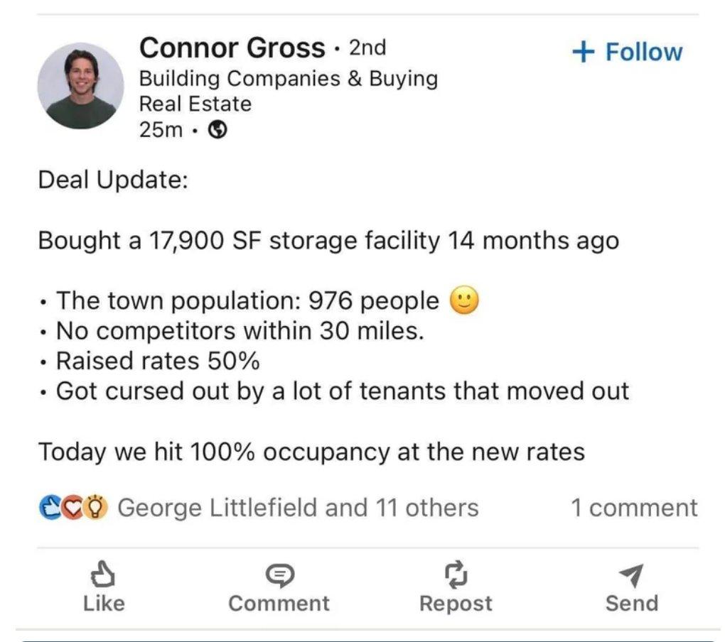 Connor Gross 2nd Follow Building Companies Buying Real Estate 25m Deal Update Bought a 17900 SF storage facility 14 months ago The town population 976 people No competitors within 30 miles Raised rates 50 Got cursed out by a lot of tenants that moved out Today we hit 100 occupancy at the new rates CO George Littlefield and 11 others 1 comment 1 Like Comment Repost send