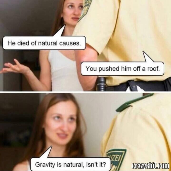 He died of natural causes. You pushed him off a roof. Gravity is natural, isn't it?