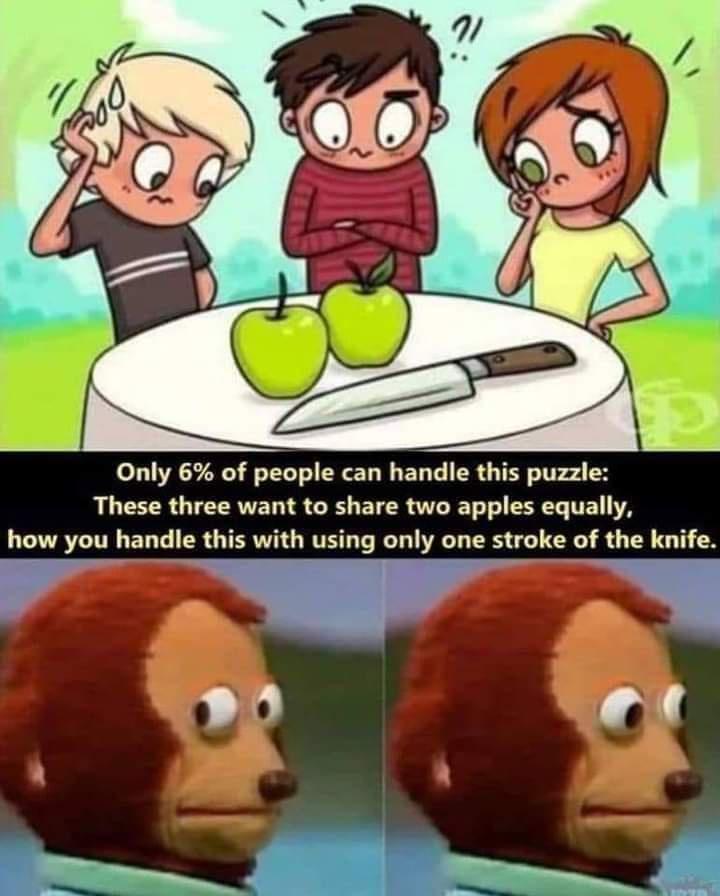 Only 6 of people can handle These three want to share two apples equally of the kni