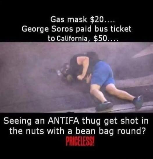 Gas mask $20.... George Soros paid bus ticket to California, $50.... Seeing an ANTIFA thug get shot in the nuts with a bean bag round? PRICELESS!