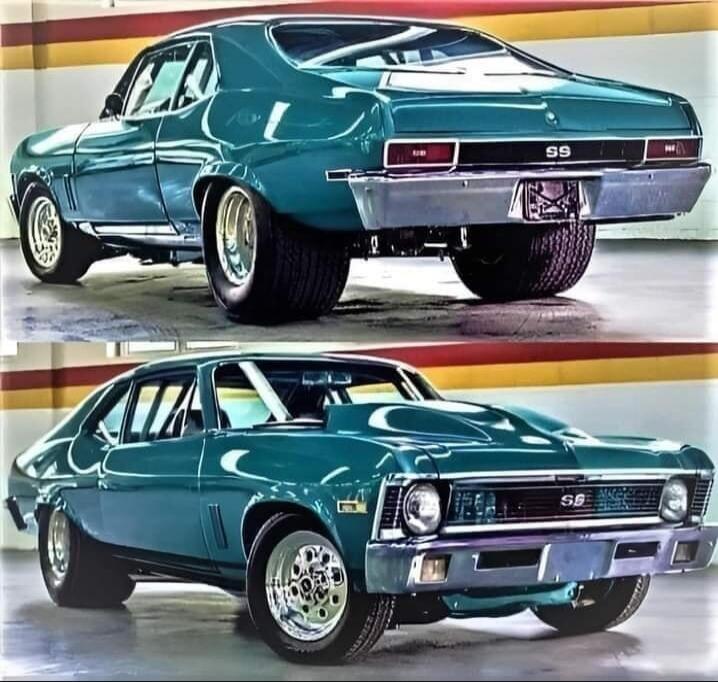 Rear view and front view of a teal Chevrolet Chevelle SS muscle car.