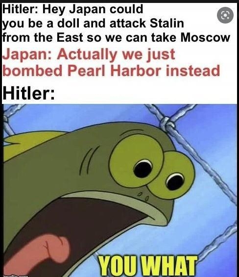 Hitler Hey Japan could ou be a doll and attack Stalin rom the East so we can take Moscow Japan Actually we just bombed Pearl Harbor instead Hitler
