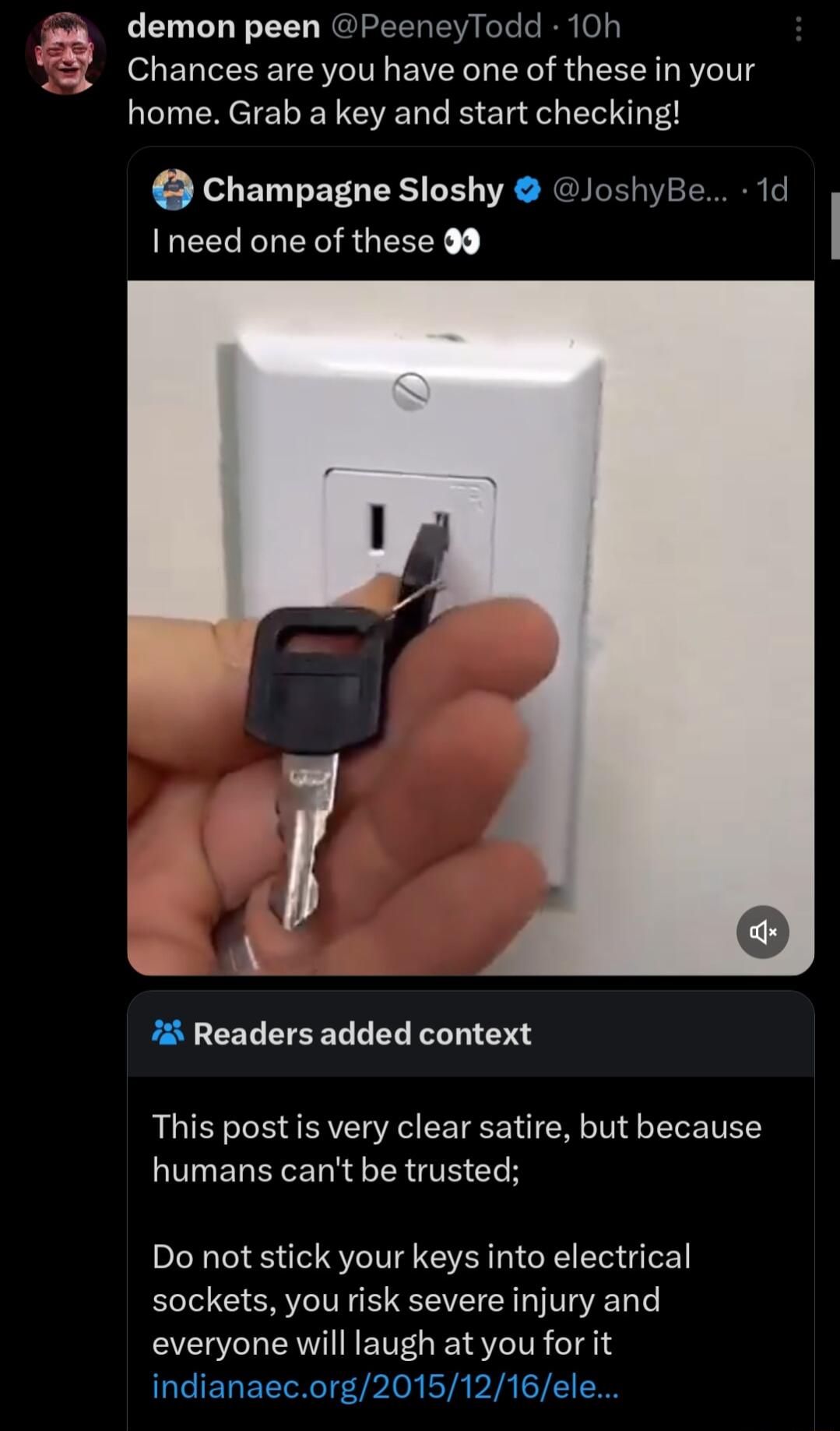 g clomon peen PeeneyTadd 10h Chances are you have one of these in your home Grab a key and start checking Champagne Sloshy JoshyBe 1d Ineed one of these 99 7 Readers added context This post s very clear satire but because LIV ELEYEIN LR TE Gl Do not stick your keys into electrical sockets you risk severe injury and everyone will laugh at you for it indianaecorg20151216ele