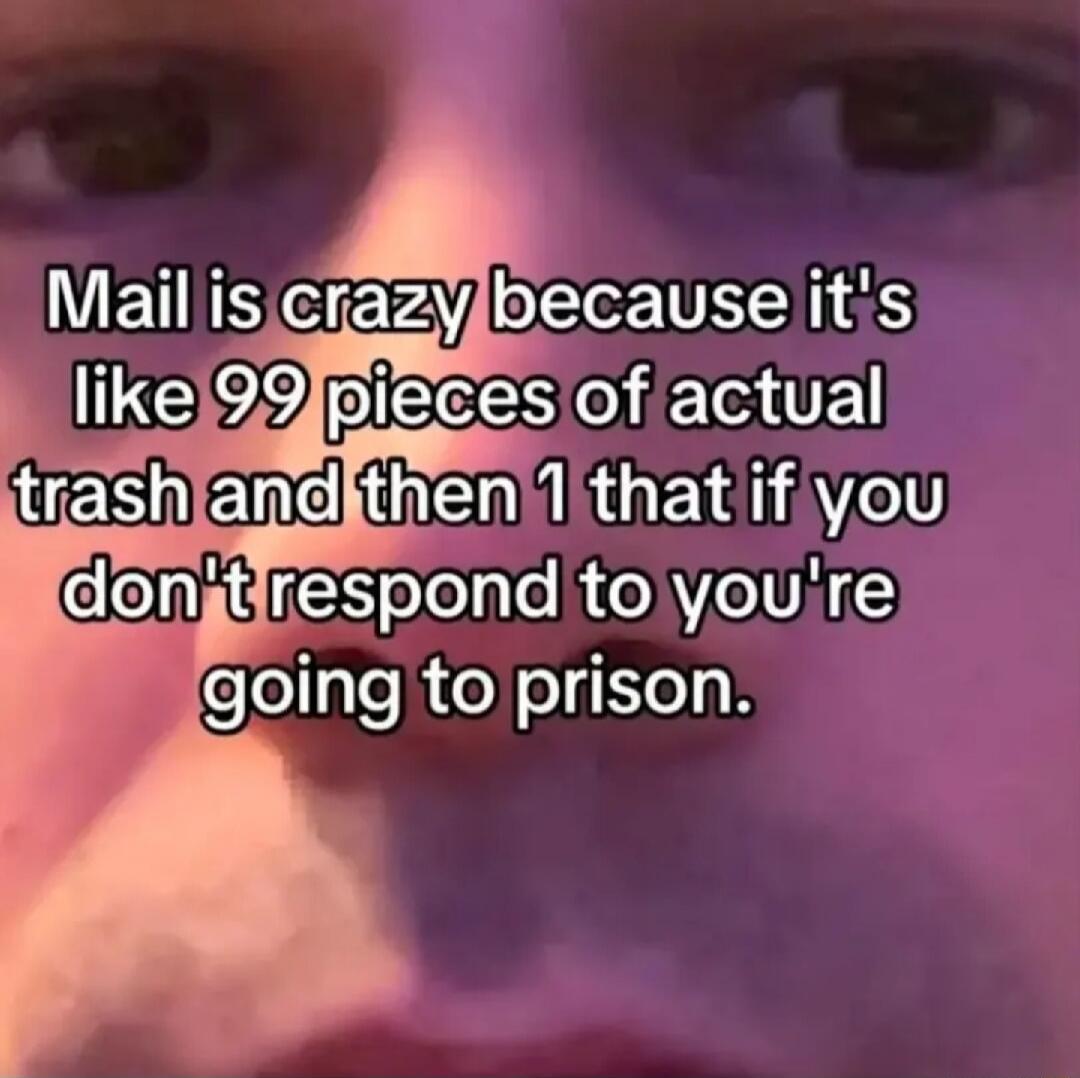 Mail is crazy because it's like 99 pieces of actual trash and then 1 that if you don't respond to you're going to prison.