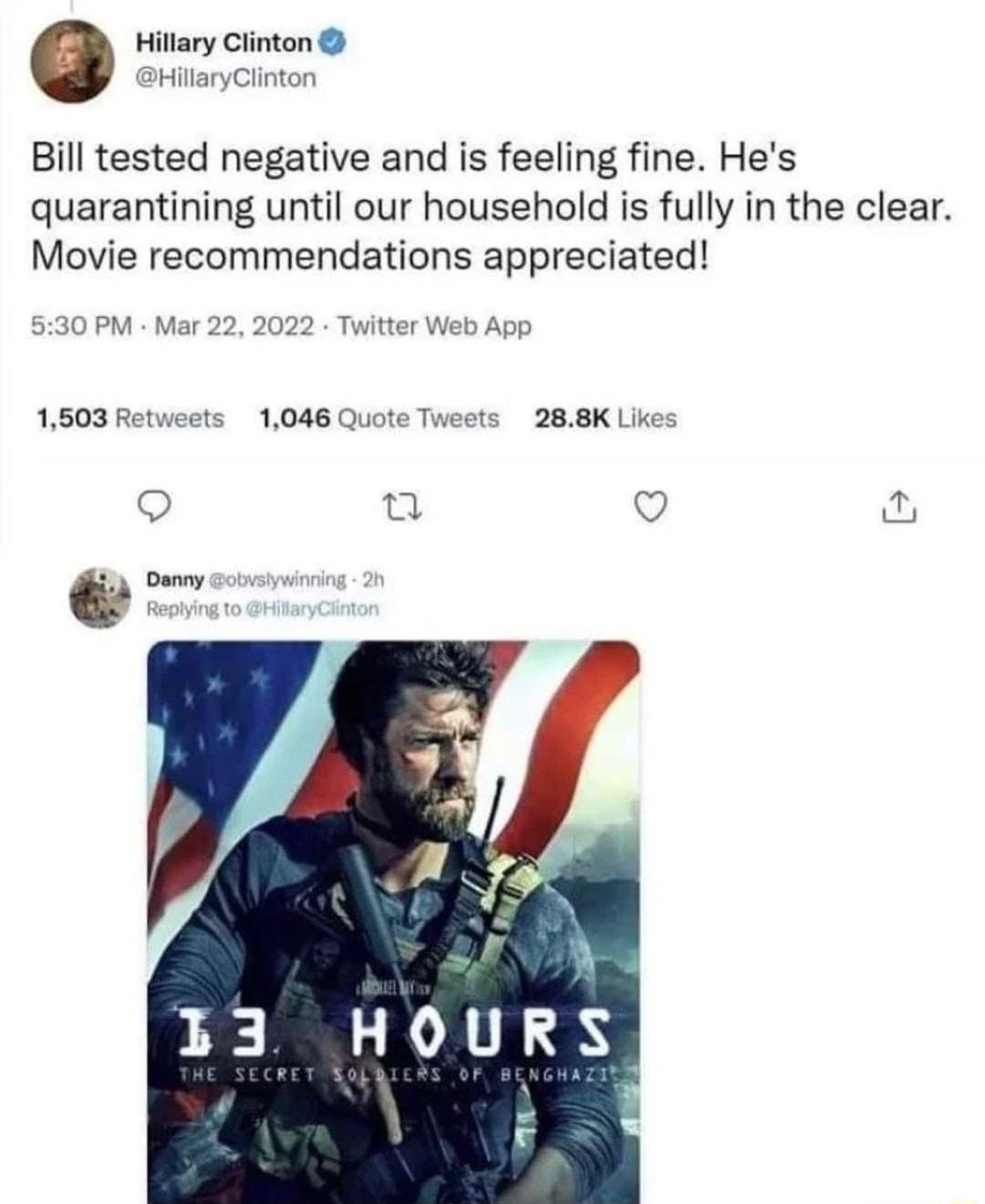 Hillary Clinton HillaryClinton Bill tested negative and is feeling fine Hes quarantining until our household is fully in the clear Movie recommendations appreciated 530 PM Mar 22 2022 Twitter Web App 1503 Retweets 1046 Quote Tweets 288K Likes o8 Q Oy A 33 HOURS