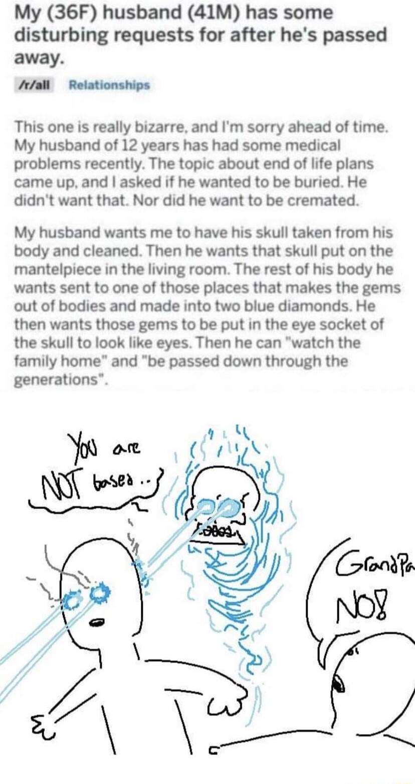 My 36F husband 41M has some disturbing requests for after hes passed away Aall Relationships This one is really bizarre and Im sorry ahead of time My husband of 12 years has had some medical problems recently The topic about end of life plans came up and asked if he wanted to be buried He didnt want that Nor did he want to be cremated My husband wants me to have his skull taken from his body and c