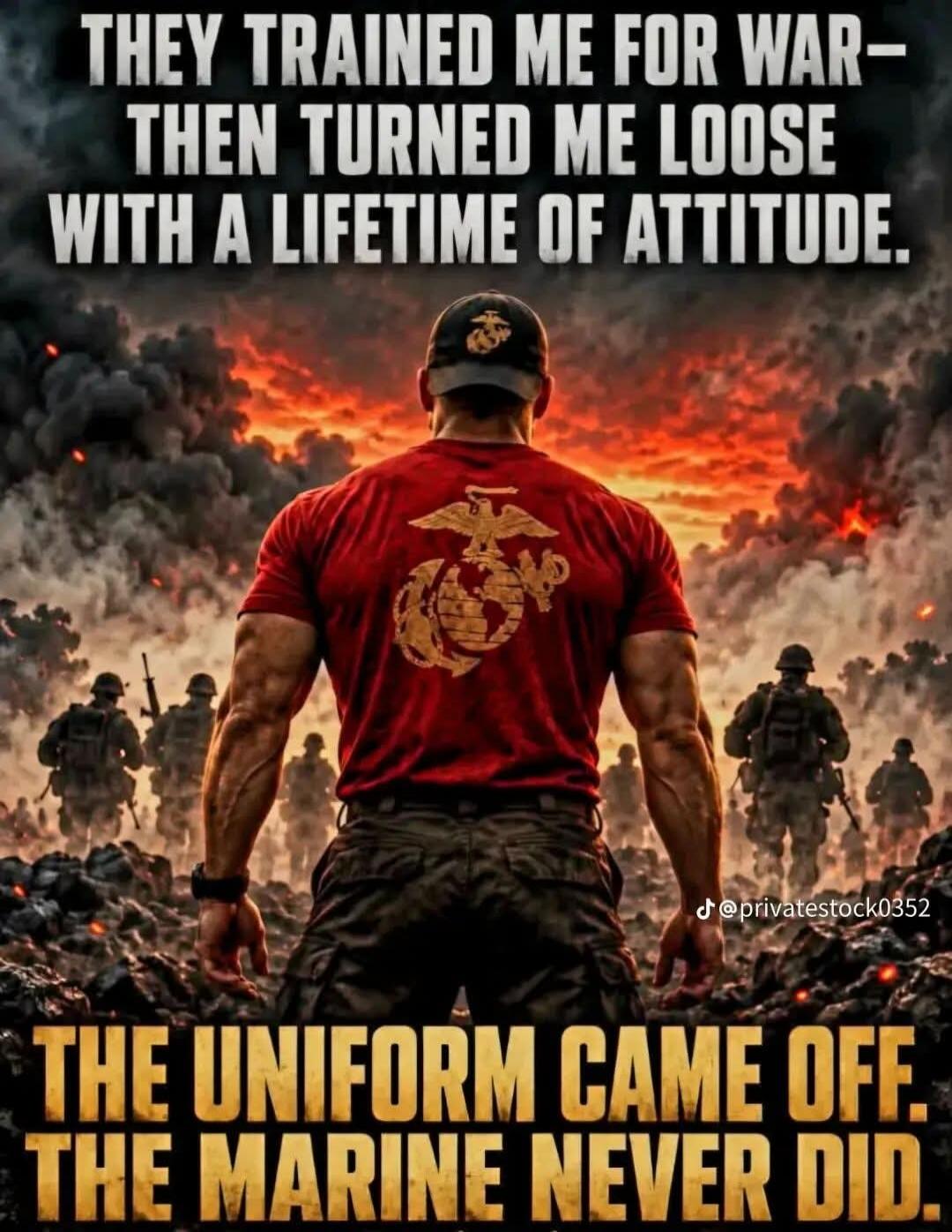 THEY TRAINED ME FOR WAR- THEN TURNED ME LOOSE WITH A LIFETIME OF ATTITUDE. THE UNIFORM CAME OFF. THE MARINE NEVER DID.